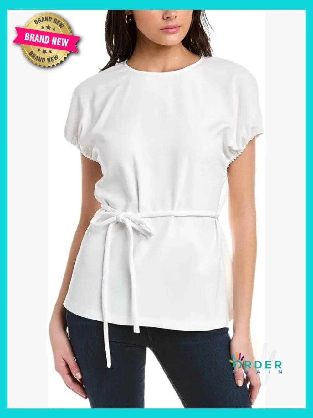 Whitewash Classic Blouse Jewel Neck Cap Sleeves Tie Waist Elegant Chic